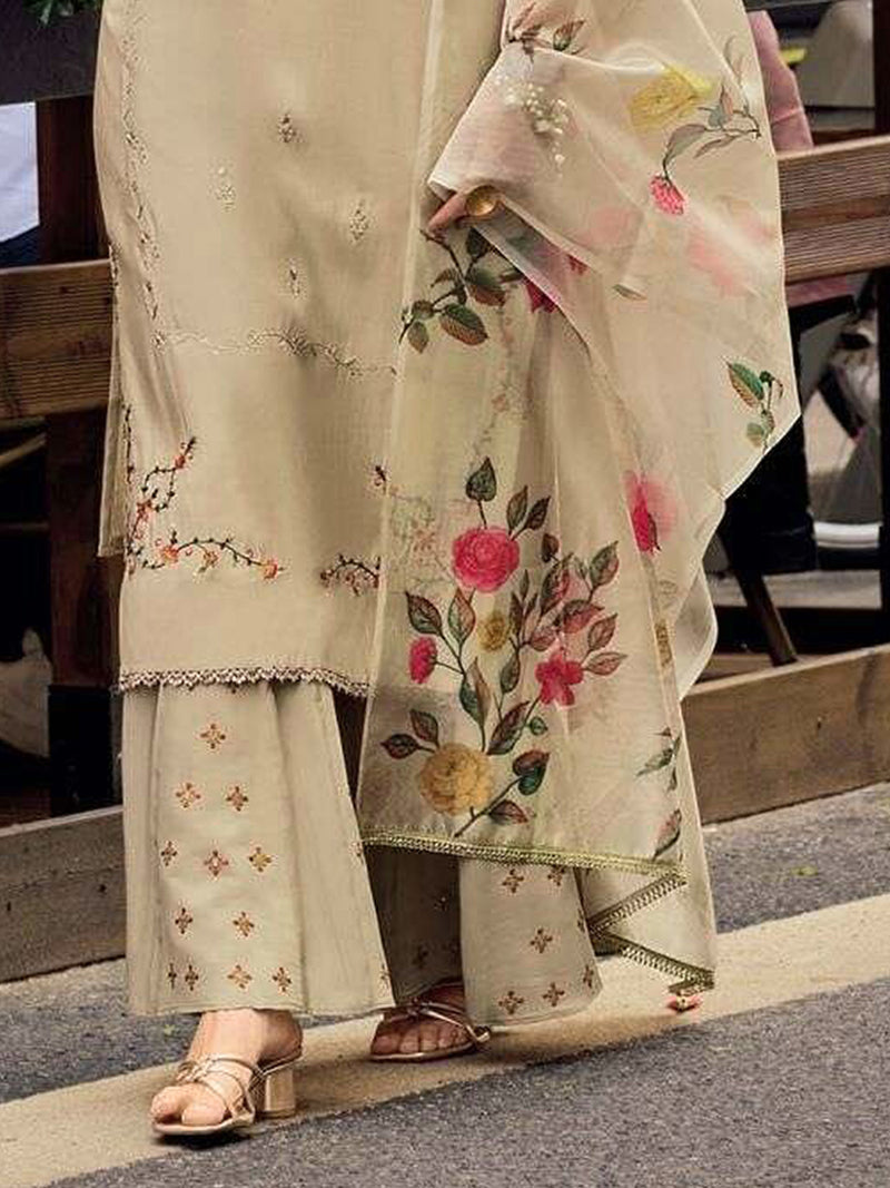 Beige Cotton Silk Embroidery Multi Work Kurta Palazzo with Dupatta Set Trendmalls