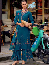 Teal Blue Cotton Silk Hand Work Embroidery Kurta Palazzo Set with Printed Dupatta Salwar Suit Set Trendmalls