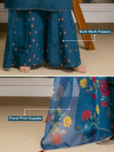 Teal Blue Cotton Silk Hand Work Embroidery Kurta Palazzo Set with Printed Dupatta Salwar Suit Set Trendmalls