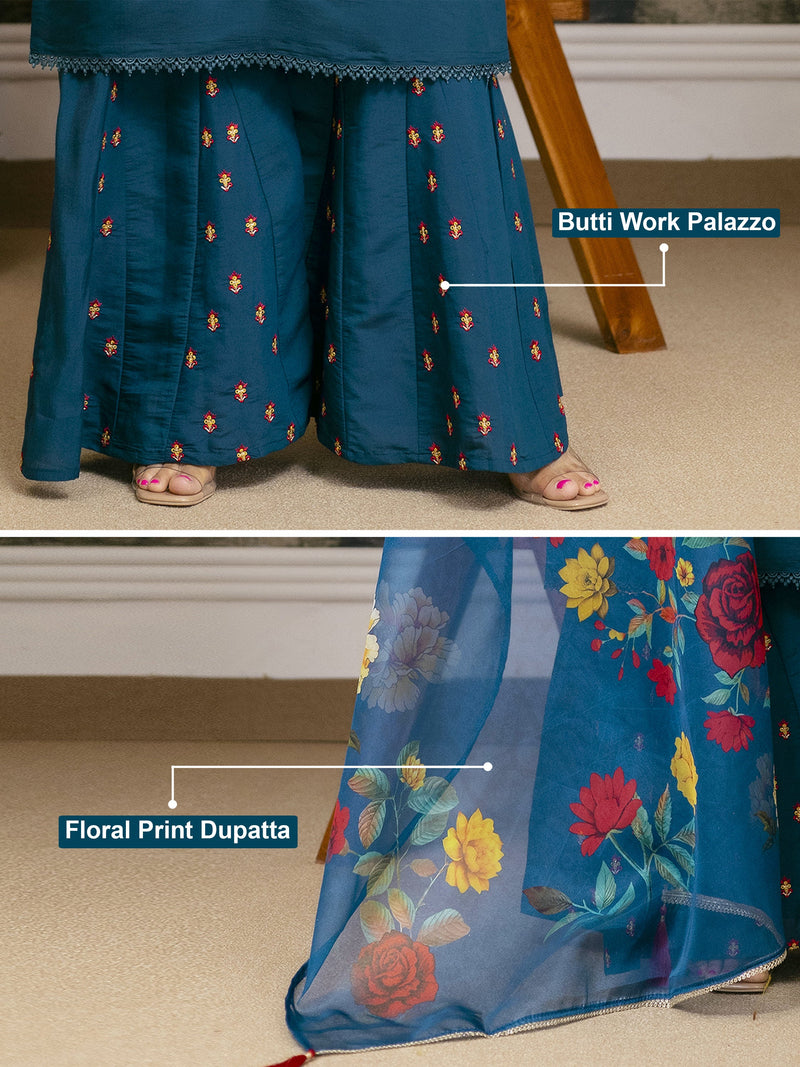 Teal Blue Cotton Silk Hand Work Embroidery Kurta Palazzo Set with Printed Dupatta Salwar Suit Set Trendmalls