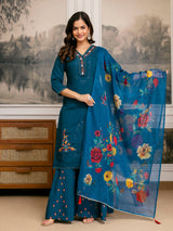 Teal Blue Cotton Silk Hand Work Embroidery Kurta Palazzo Set with Printed Dupatta Salwar Suit Set Trendmalls