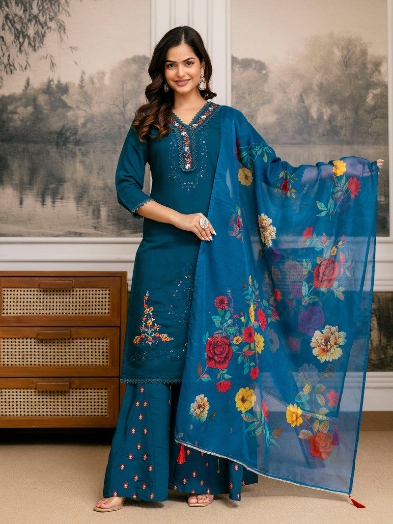 Teal Blue Cotton Silk Hand Work Embroidery Kurta Palazzo Set with Printed Dupatta Salwar Suit Set Trendmalls