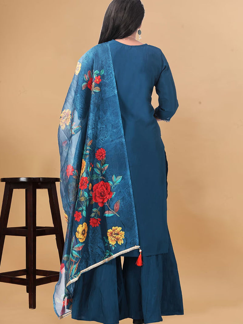Teal Blue Cotton Silk Hand Work Embroidery Kurta Palazzo Set with Printed Dupatta Salwar Suit Set Trendmalls