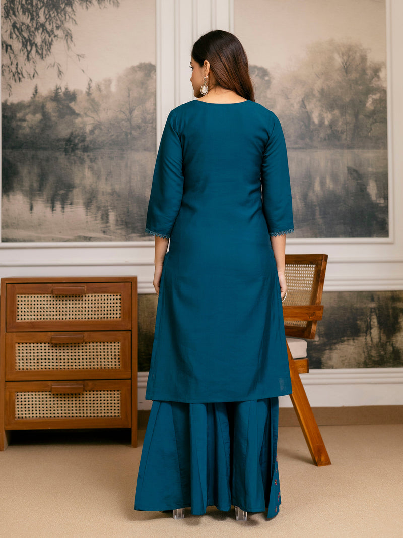 Teal Blue Cotton Silk Hand Work Embroidery Kurta Palazzo Set with Printed Dupatta Salwar Suit Set Trendmalls
