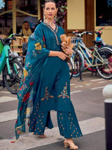 Teal Blue Cotton Silk Hand Work Embroidery Kurta Palazzo Set with Printed Dupatta Salwar Suit Set Trendmalls