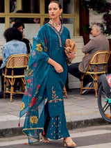 Teal Blue Cotton Silk Hand Work Embroidery Kurta Palazzo Set with Printed Dupatta Salwar Suit Set Trendmalls