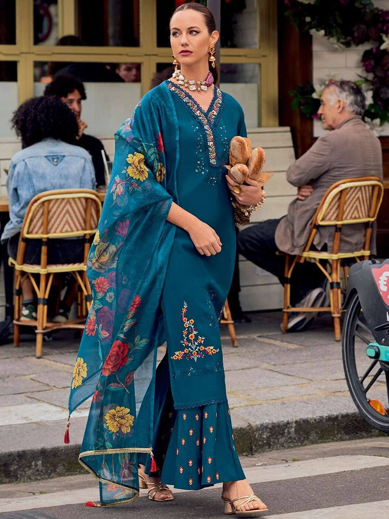 Teal Blue Cotton Silk Hand Work Embroidery Kurta Palazzo Set with Printed Dupatta Salwar Suit Set Trendmalls