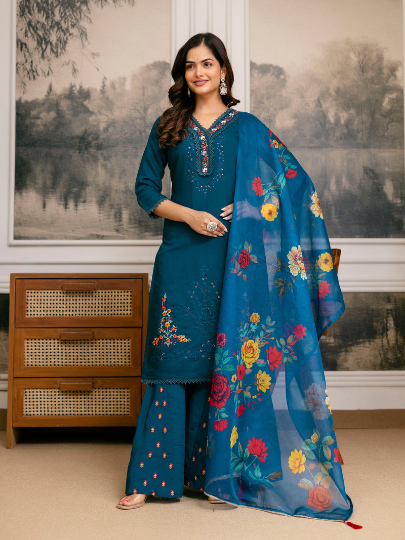 Teal Blue Cotton Silk Hand Work Embroidery Kurta Palazzo Set with Printed Dupatta Salwar Suit Set Trendmalls