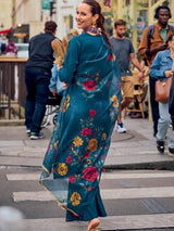 Teal Blue Cotton Silk Hand Work Embroidery Kurta Palazzo Set with Printed Dupatta Salwar Suit Set Trendmalls