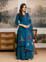 Teal Blue Cotton Silk Hand Work Embroidery Kurta Palazzo Set with Printed Dupatta Salwar Suit Set Trendmalls