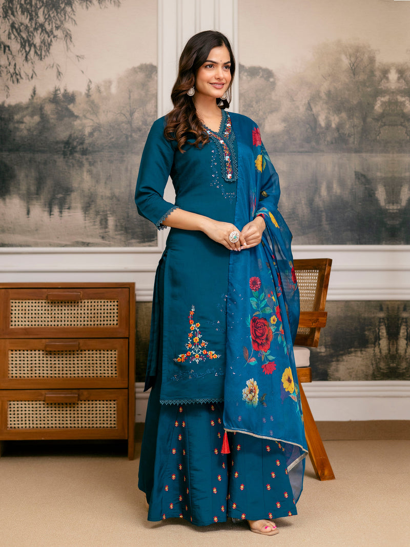 Teal Blue Cotton Silk Hand Work Embroidery Kurta Palazzo Set with Printed Dupatta Salwar Suit Set Trendmalls
