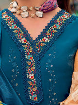 Teal Blue Cotton Silk Hand Work Embroidery Kurta Palazzo Set with Printed Dupatta Salwar Suit Set Trendmalls