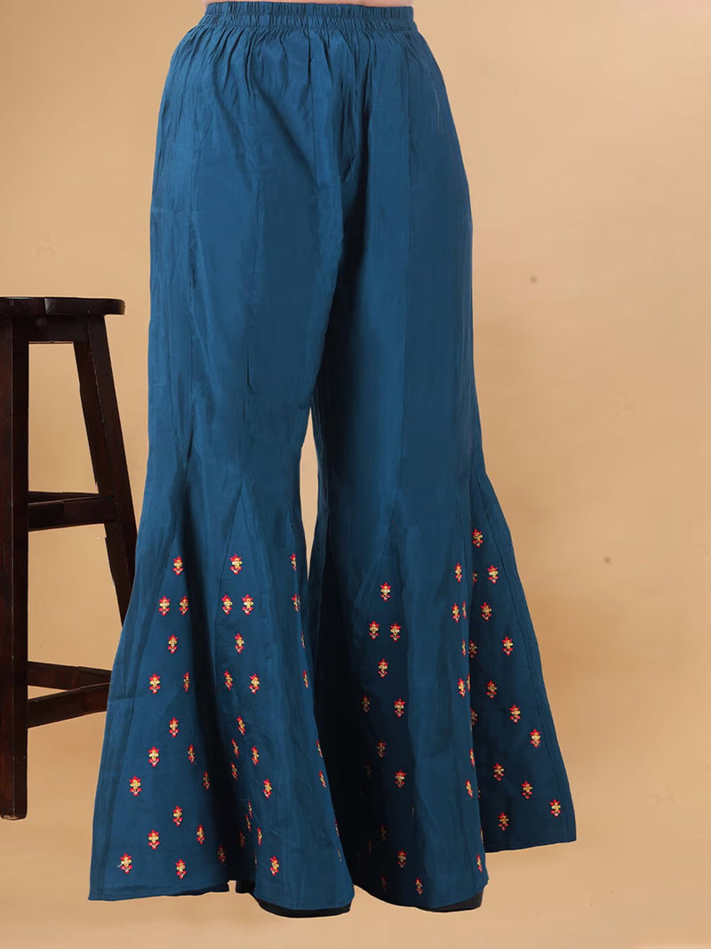 Teal Blue Cotton Silk Hand Work Embroidery Kurta Palazzo Set with Printed Dupatta Salwar Suit Set Trendmalls