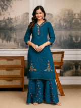 Teal Blue Cotton Silk Hand Work Embroidery Kurta Palazzo Set with Printed Dupatta Salwar Suit Set Trendmalls
