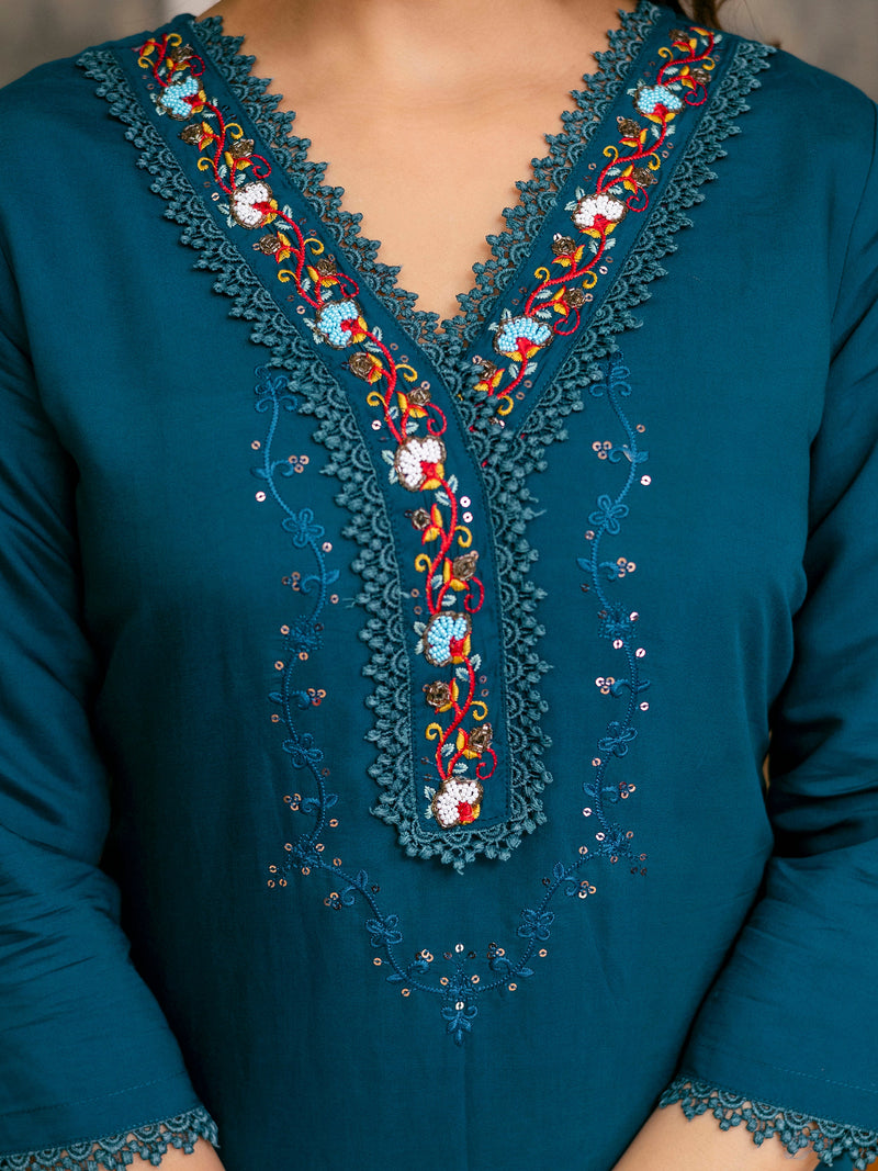 Teal Blue Cotton Silk Hand Work Embroidery Kurta Palazzo Set with Printed Dupatta Salwar Suit Set Trendmalls