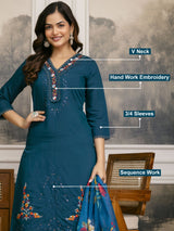 Teal Blue Cotton Silk Hand Work Embroidery Kurta Palazzo Set with Printed Dupatta Salwar Suit Set Trendmalls