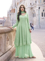 Lightgreen Georgette Embroidery Work Front Slit Kurta Palazzo with Dupatta for Women