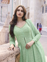 Lightgreen Georgette Embroidery Work Front Slit Kurta Palazzo with Dupatta for Women