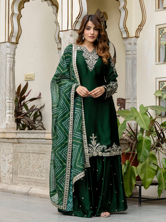 Darkgreen Satin Embroidery Kurta Palazzo with Dupatta Set For Women 's Trendmallsin