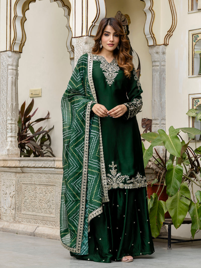 Darkgreen Satin Embroidery Kurta Palazzo with Dupatta Set For Women 's