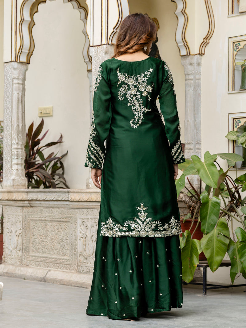 Darkgreen Satin Embroidery Kurta Palazzo with Dupatta Set For Women 's