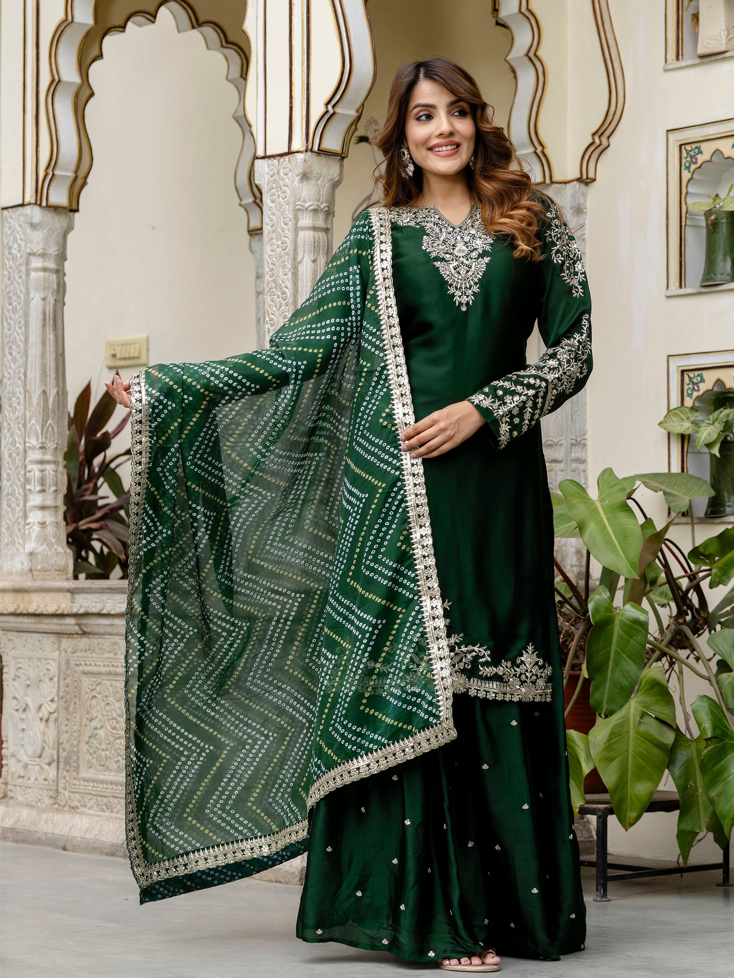 Darkgreen Satin Embroidery Kurta Palazzo with Dupatta Set For Women 's Trendmallsin