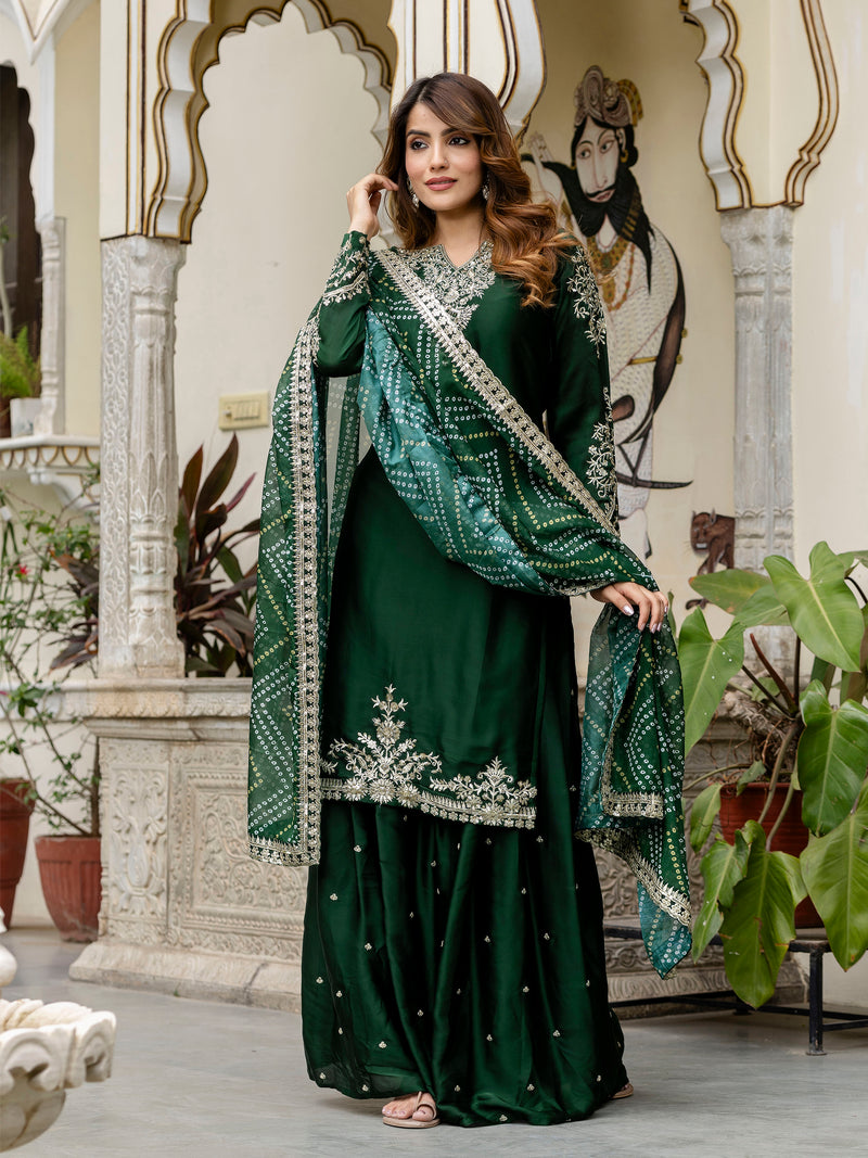 Darkgreen Satin Embroidery Kurta Palazzo with Dupatta Set For Women 's