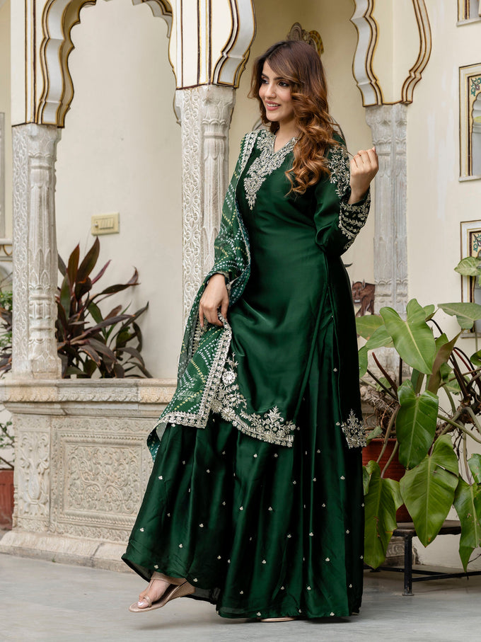 Darkgreen Satin Embroidery Kurta Palazzo with Dupatta Set For Women 's Trendmallsin