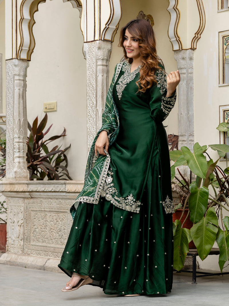 Darkgreen Satin Embroidery Kurta Palazzo with Dupatta Set For Women 's