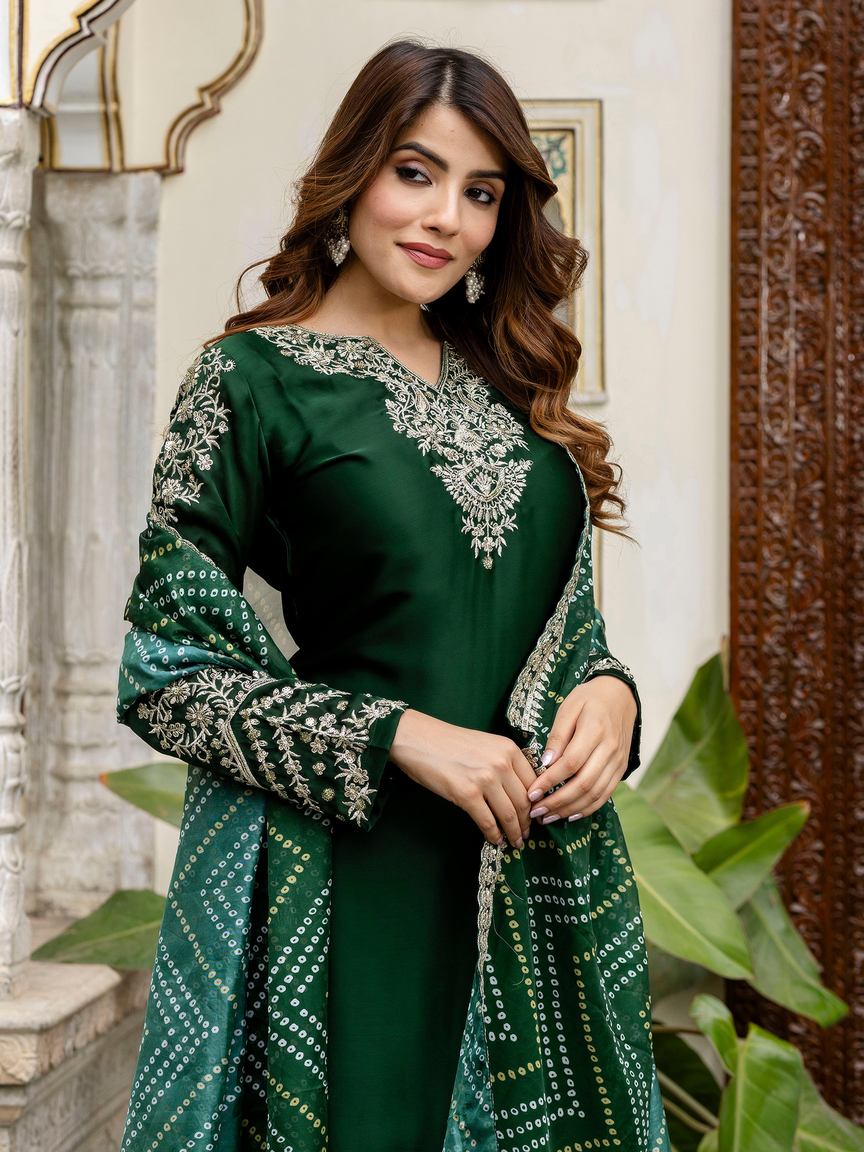 Darkgreen Satin Embroidery Kurta Palazzo with Dupatta Set For Women 's Trendmallsin