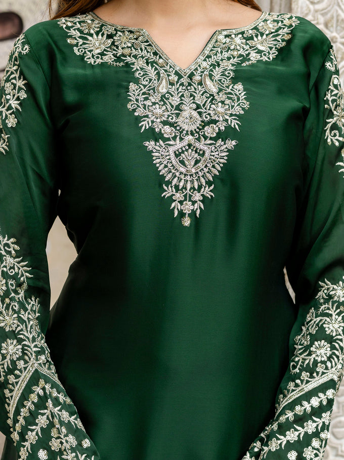 Darkgreen Satin Embroidery Kurta Palazzo with Dupatta Set For Women 's Trendmallsin
