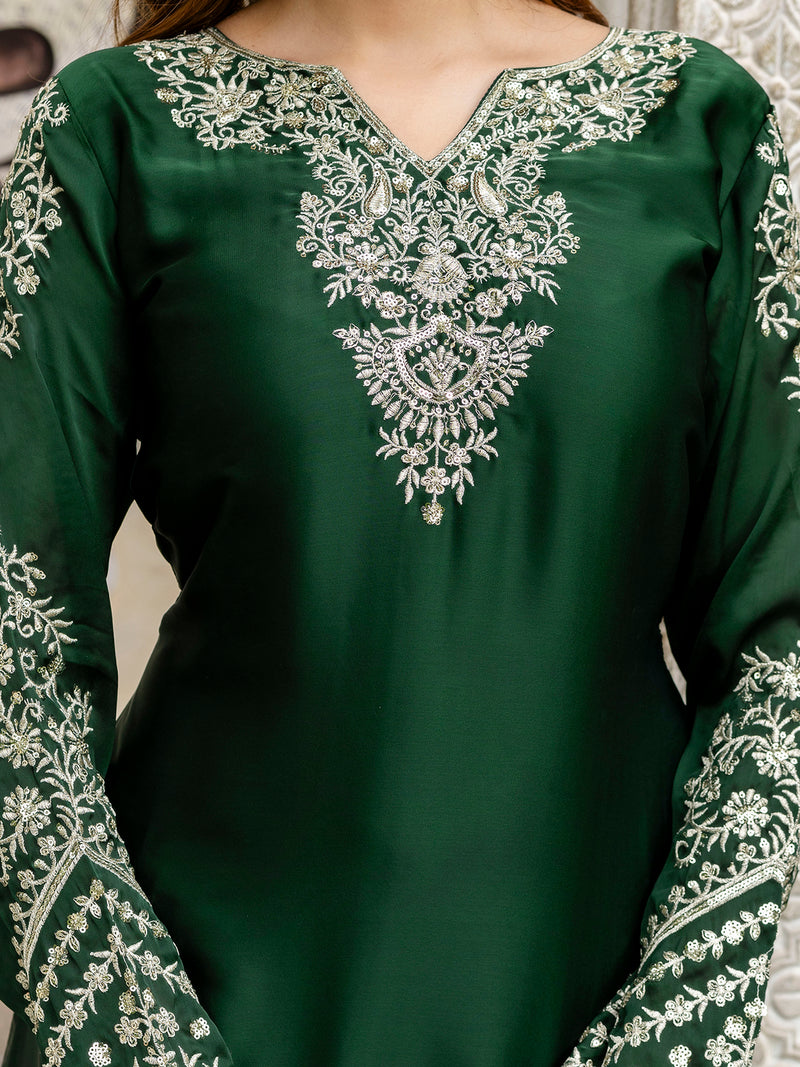 Darkgreen Satin Embroidery Kurta Palazzo with Dupatta Set For Women 's