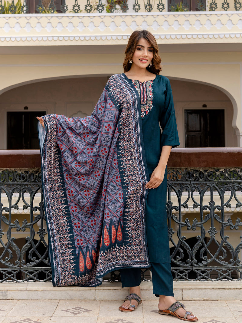 Teal Blue Art Silk Embroidery Anarkali Salwar Suit with Dupatta Set For Women's