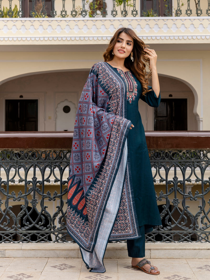 Teal Blue Art Silk Embroidery Anarkali Salwar Suit with Dupatta Set For Women's