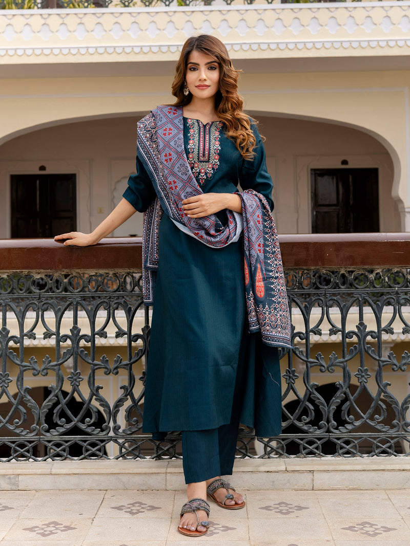 Teal Blue Art Silk Embroidery Anarkali Salwar Suit with Dupatta Set For Women's
