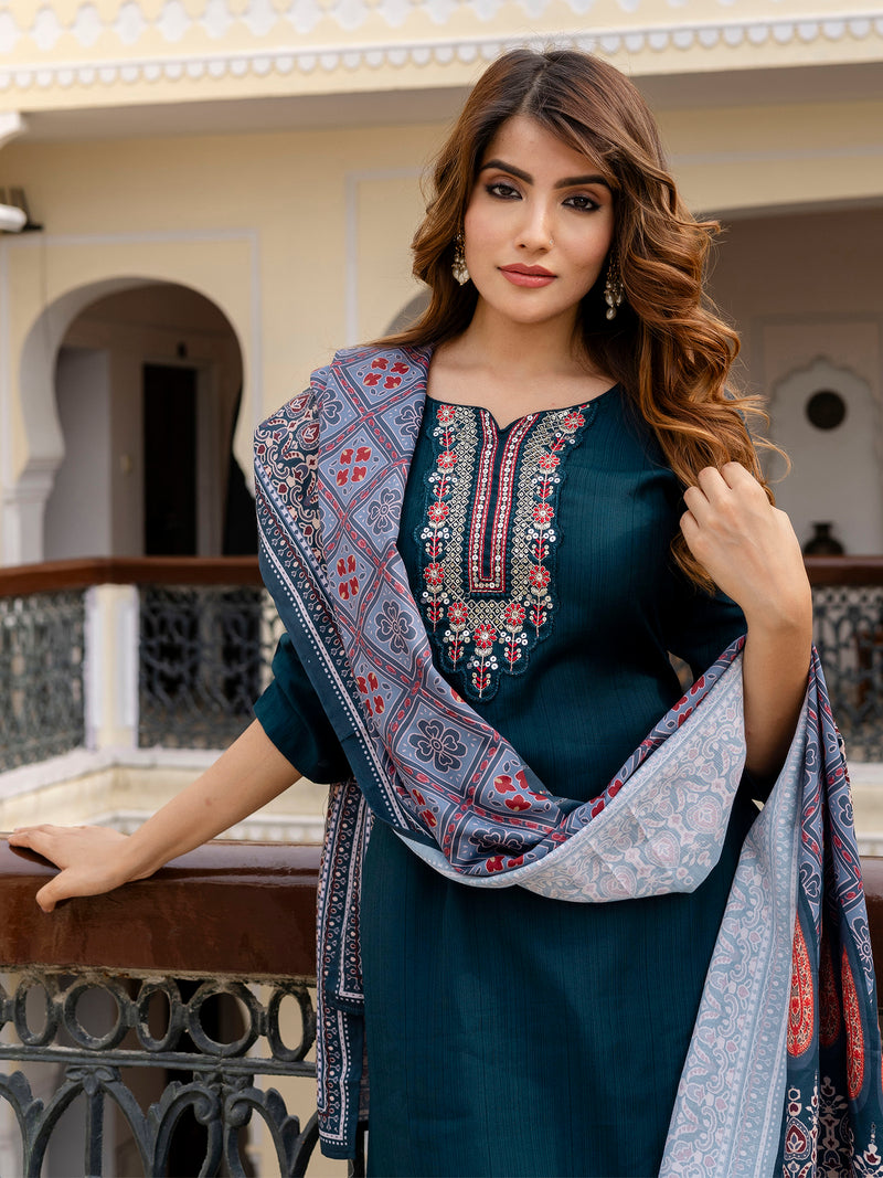 Teal Blue Art Silk Embroidery Anarkali Salwar Suit with Dupatta Set For Women's