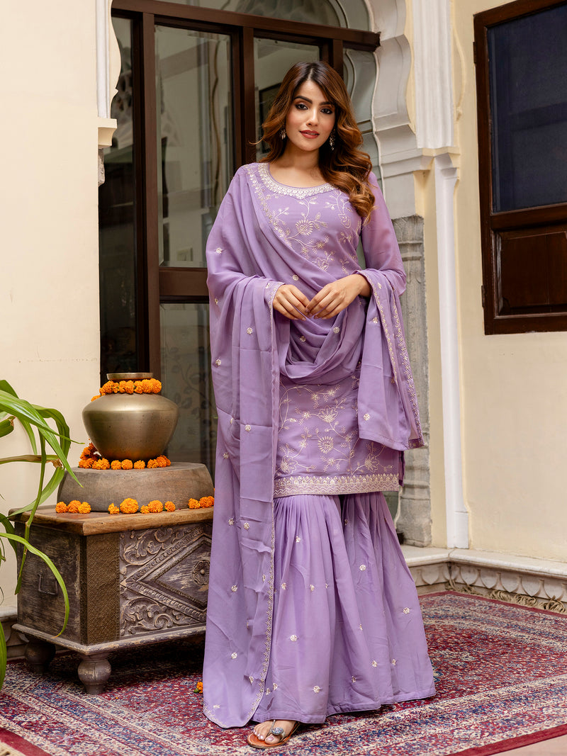 Purple Art Silk Embroidery Kurta Sharara Set with Dupatta For Women's