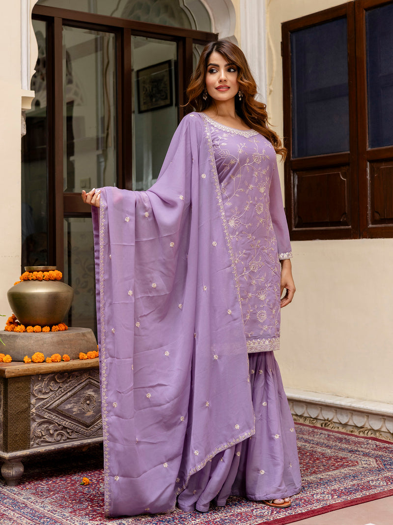 Purple Art Silk Embroidery Kurta Sharara Set with Dupatta For Women's