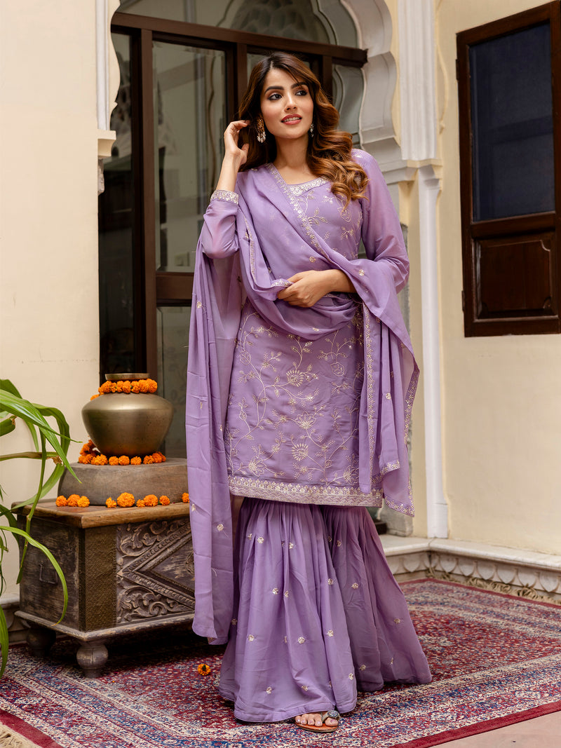 Purple Art Silk Embroidery Kurta Sharara Set with Dupatta For Women's