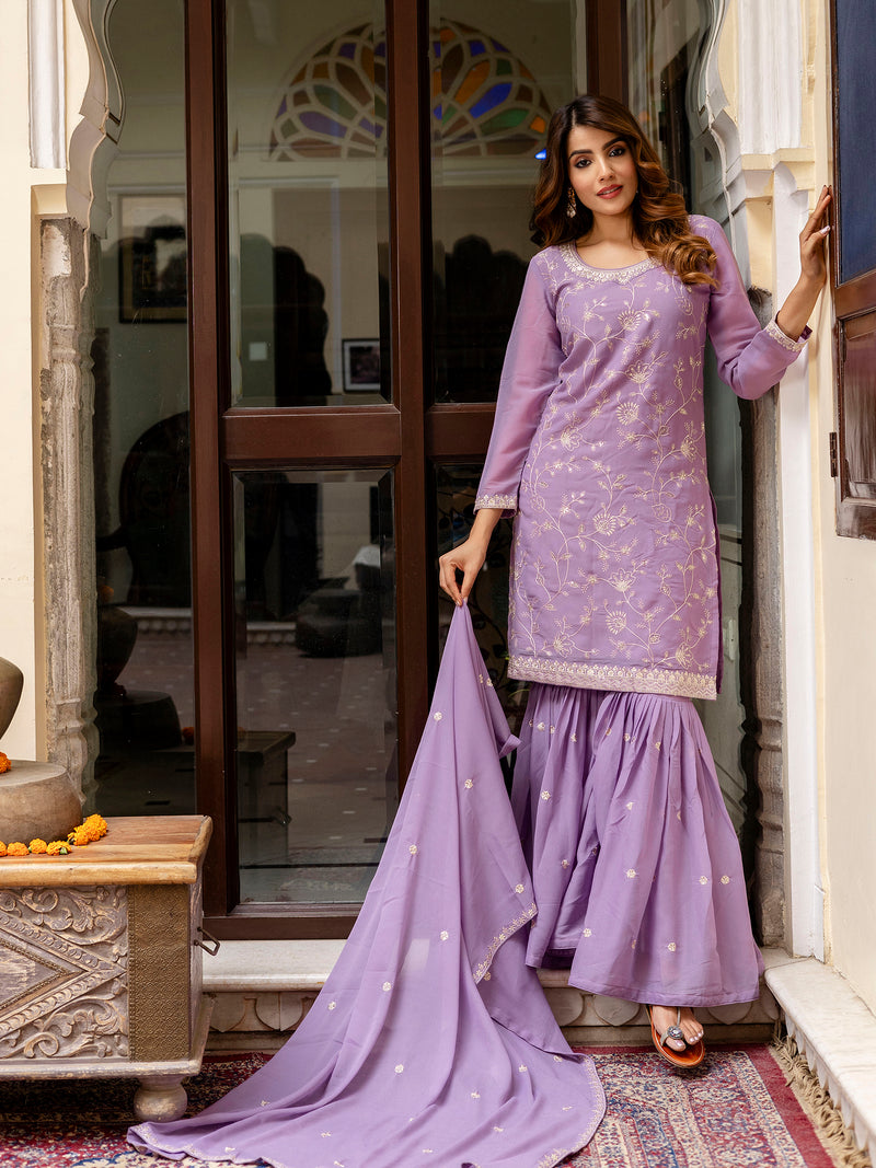 Purple Art Silk Embroidery Kurta Sharara Set with Dupatta For Women's