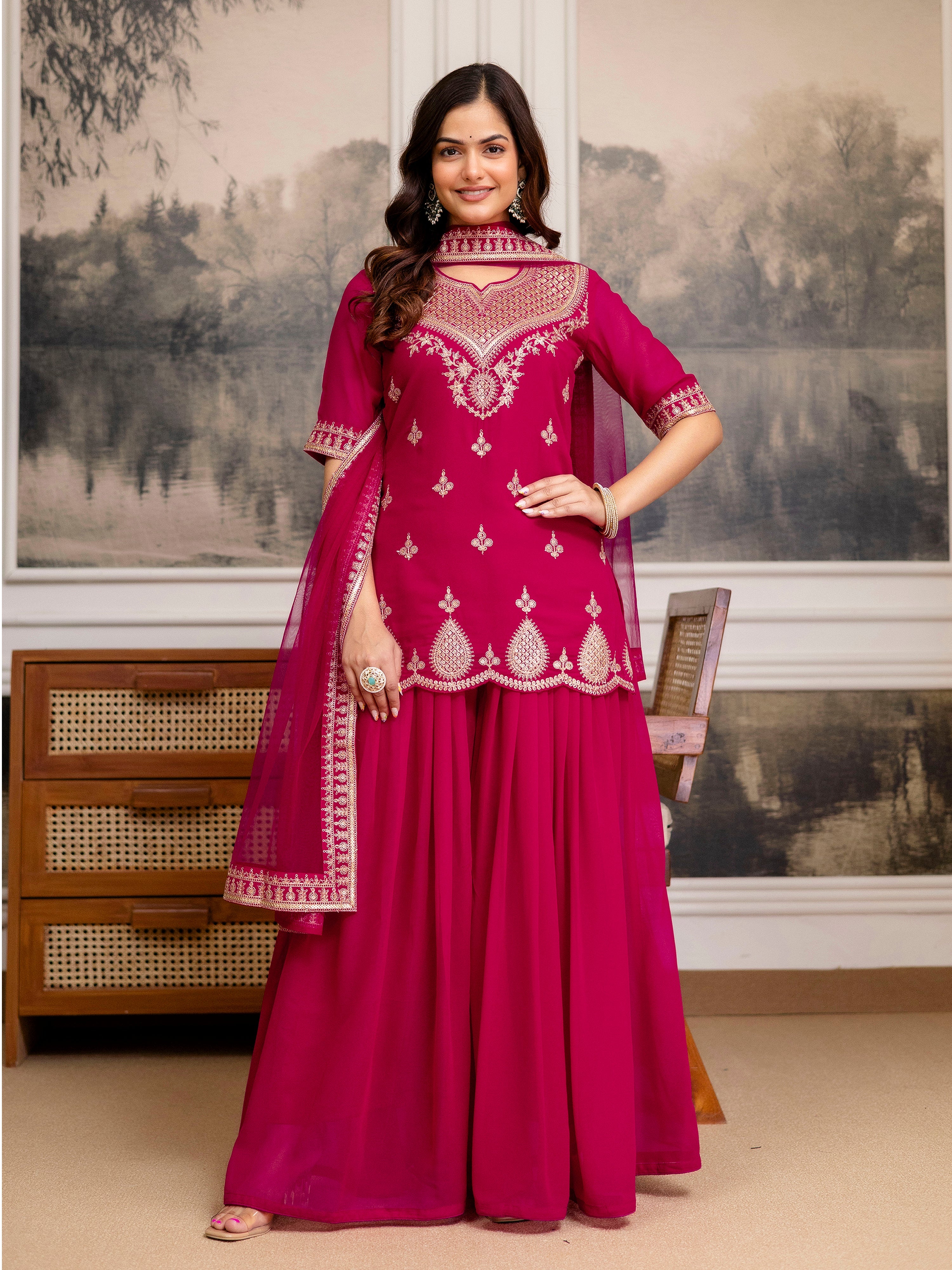 Pink Georgette Embroidery Kurta Sharara Set with Dupatta For Women's Trendmalls