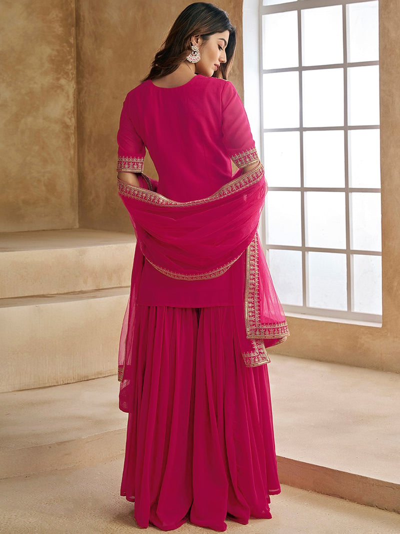 Pink Georgette Embroidery Kurta Sharara Set with Dupatta For Women's