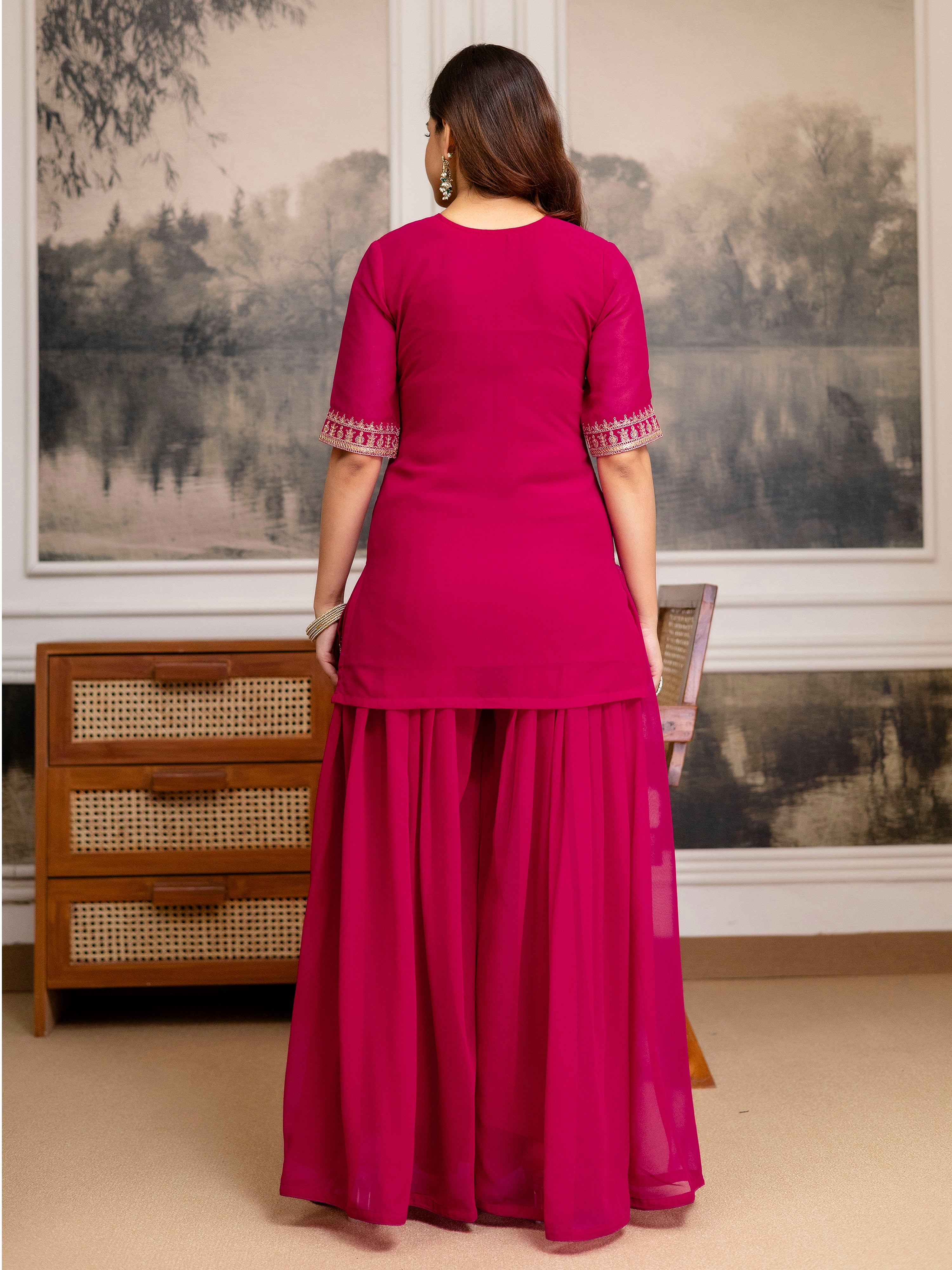 Pink Georgette Embroidery Kurta Sharara Set with Dupatta For Women's Trendmalls