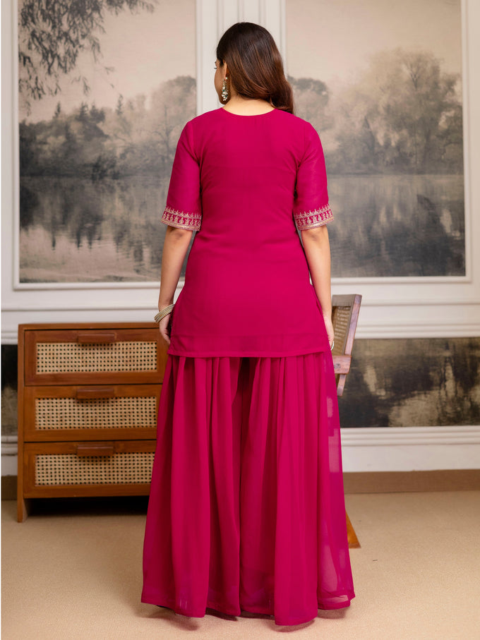 Pink Georgette Embroidery Kurta Sharara Set with Dupatta For Women's Trendmalls