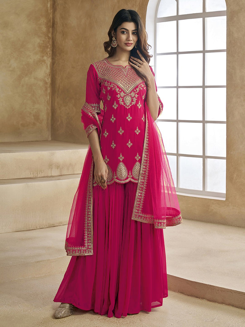 Pink Georgette Embroidery Kurta Sharara Set with Dupatta For Women's