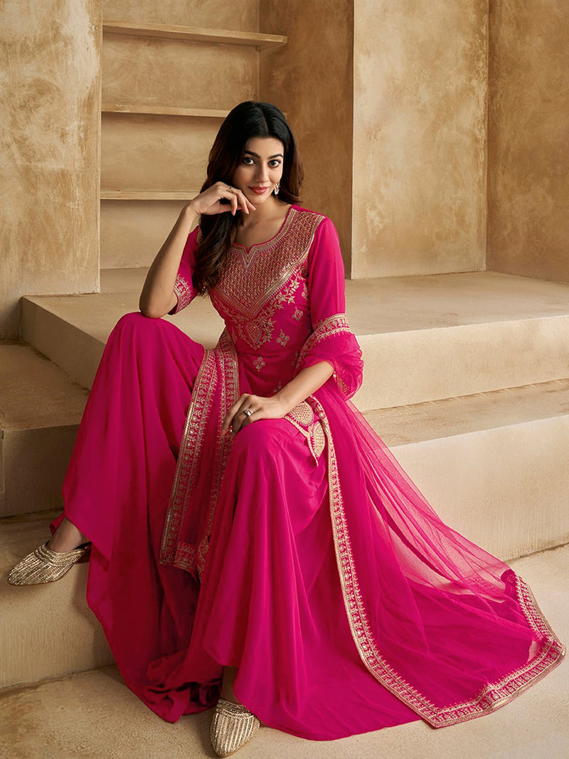 Pink Georgette Embroidery Kurta Sharara Set with Dupatta For Women's