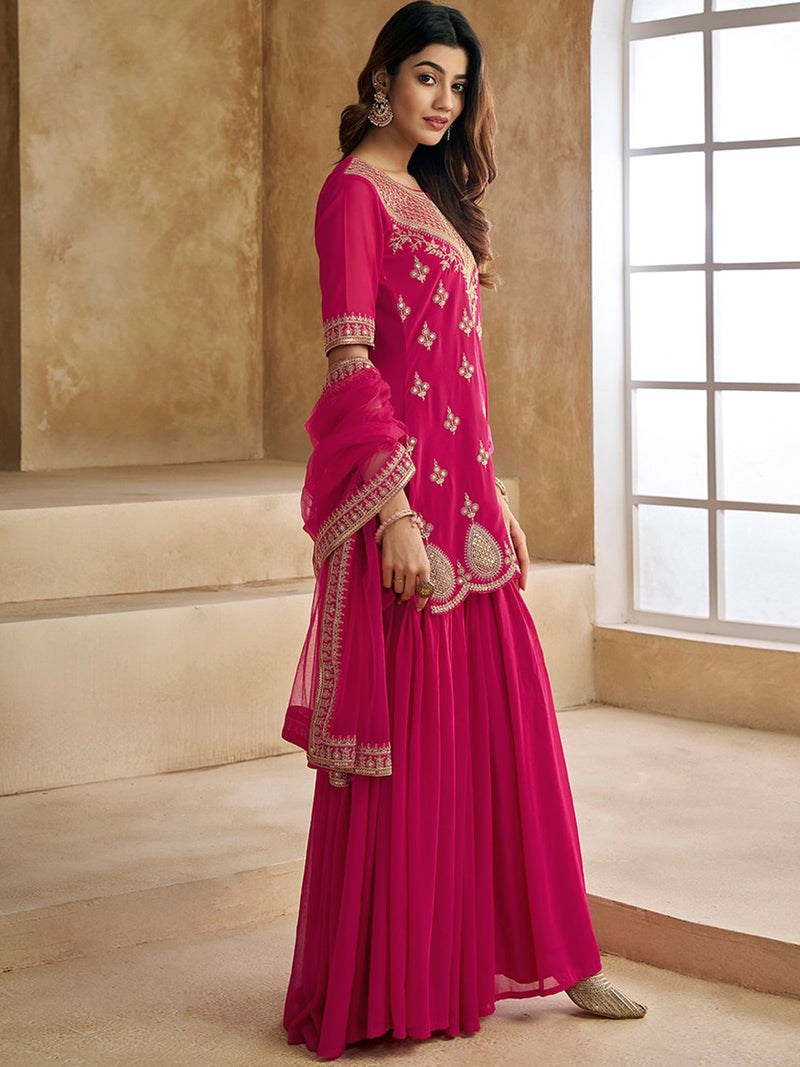 Pink Georgette Embroidery Kurta Sharara Set with Dupatta For Women's