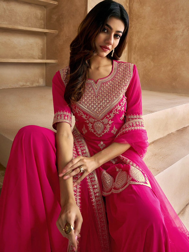 Pink Georgette Embroidery Kurta Sharara Set with Dupatta For Women's