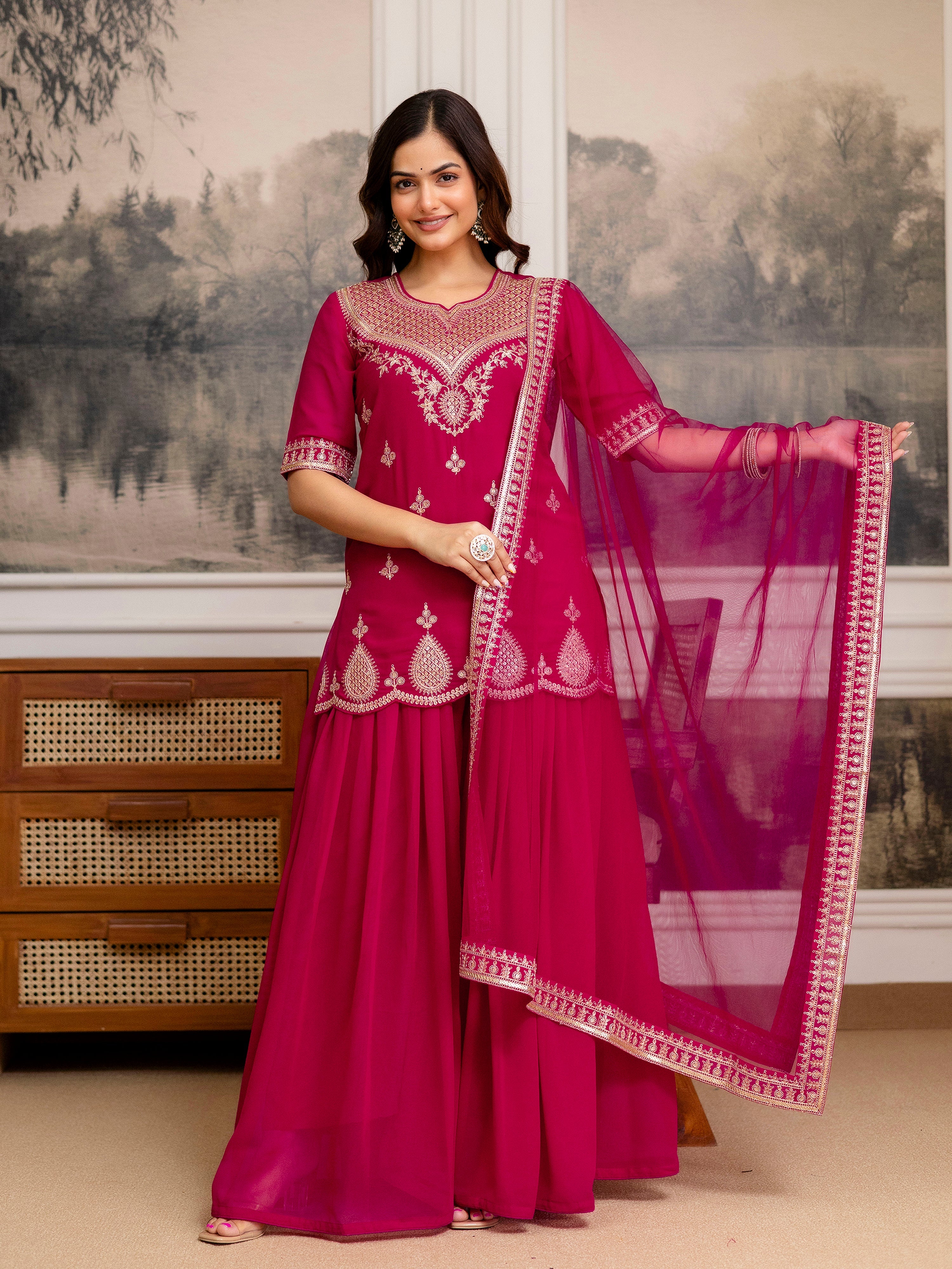 Pink Georgette Embroidery Kurta Sharara Set with Dupatta For Women's Trendmalls
