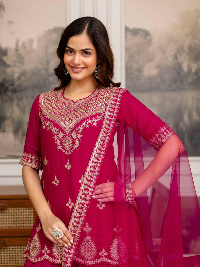 Pink Georgette Embroidery Kurta Sharara Set with Dupatta For Women's Trendmalls